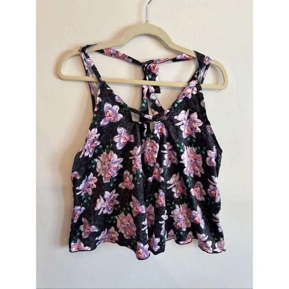 Vixxen Sleeveless Floral Top Large Black Purple Green V Neck Adjustable Tie